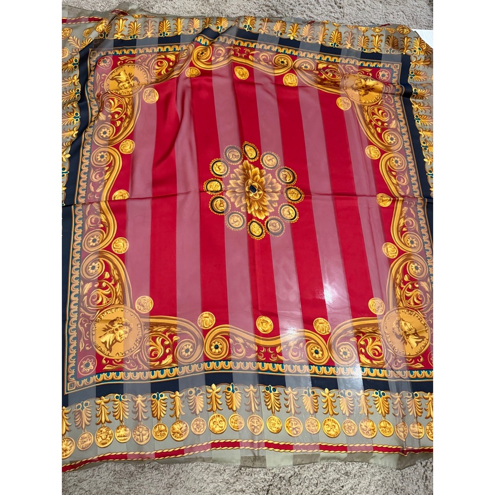 Vintage Baroque Red Gold Coin Medallion Square Scarf Sheer Ornate Print 34x34